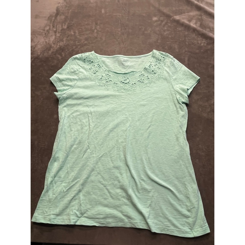 Talbots Mint Green Floral Eyelet Embroidery Cotton Slub Short Sleeve Tee L